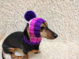 Multi-Color Striped Dog Snood: Hand-Knit Pom-Pom Beanie for Dachshunds