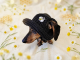 Crochet Dog Sun Hat with Flower Appliqué - Handmade Dachshund Bucket Hat - Floral Pet Summer Accessory - Cute Dog Bonnet with Ear Holes