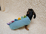 Custom Blue Knit Dogs Dinosaur Sweater with Rainbow Spikes - Warm Handmade Pet Clothes Halloween outfit pet Dino Rex jumper dachshund