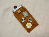 Handmade Knitted Phone Sleeve with Bee and Flower Patches, Green Cell Phone Sock, Cute Aesthetic Phone Pouch, Gift for Nature Lovers