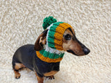 Multi-Color Striped Dog Snood: Hand-Knit Pom-Pom Beanie for Dachshunds