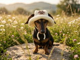 Paw dog hat Summer sun with holes for ears. Hand knitted sun cap dachshund. Stylish Pet Photo Props and Gift Dog Moms