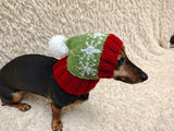 Snowflakes Dog Hat PomPom, Designer Pet Party Clothes outfit, Warm Winter knitted Dachshund cap with Pattern, gift for dogs lover