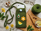Boho Knitted Phone Sleeve • Avocado and Lemon Phone Bag • Protective Soft Phone Case Holder
