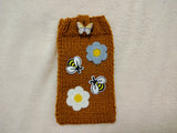 Handmade Knitted Phone Sleeve with Bee and Flower Patches, Green Cell Phone Sock, Cute Aesthetic Phone Pouch, Gift for Nature Lovers