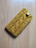 Cozy Cable Knit Phone Cover, Cream White Knitted Phone Pouch with Wooden Button, Protective Smartphone Sleeve, Winter Tech Gift