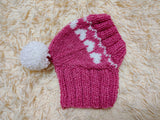 Dog hat with hearts with pom-pom, Handmade pet clothing Warm winter beanie for dachshund closed ears, fogs lover gift