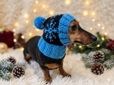 Snowflake Christmas dog hat with pom-pom, Handmade pet clothing Warm winter beanie for dachshund closed ears, fogs lover gift