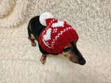 Dog hat print designer handmade festive holiday clothes pet beanie costume, warm winter cap for dachshund with pompom