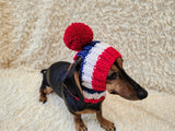 Multi-Color Striped Dog Snood: Hand-Knit Pom-Pom Beanie for Dachshunds
