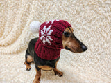 Christmas holiday Snowflake Dog Hat PomPom, Designer Pet Party Clothes outfit knitted Dachshund Beanie with Pattern