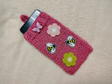 Handmade Knitted Phone Sleeve with Bee and Flower Patches, Green Cell Phone Sock, Cute Aesthetic Phone Pouch, Gift for Nature Lovers