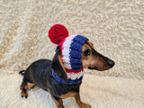 Multi-Color Striped Dog Snood: Hand-Knit Pom-Pom Beanie for Dachshunds