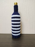 Nautical Knitted Wine Bottle Cover – Lighthouse & Anchor Striped Bottle Sweater, Handmade Coastal Kitchen Decor, Unique Beach House Gift