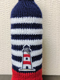 Nautical Knitted Wine Bottle Cover – Lighthouse & Anchor Striped Bottle Sweater, Handmade Coastal Kitchen Decor, Unique Beach House Gift
