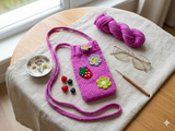 Boho Knitted Phone Sleeve • Strawberry & flowers Phone Bag • Protective Soft Phone Case Holder