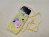 Knitted Crossbody Phone Bag with Flowers • Aesthetic Boho Cell Phone Purse • Handmade Shoulder Pouch for Smartphone