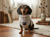 Paw print wool sweater with arans for dogs, dachshund warm clothes jumper with cables