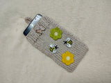 Handmade Knitted Phone Sleeve with Bee and Flower Patches, Green Cell Phone Sock, Cute Aesthetic Phone Pouch, Gift for Nature Lovers
