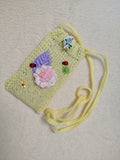 Knitted Crossbody Phone Bag with Flowers • Aesthetic Boho Cell Phone Purse • Handmade Shoulder Pouch for Smartphone