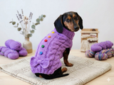 Dog sweater with aran bow and wooden buttons, dachshund clothing outfit