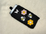 Handmade Knitted Phone Sleeve with Bee and Flower Patches, Green Cell Phone Sock, Cute Aesthetic Phone Pouch, Gift for Nature Lovers