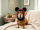 Black hat with red stripes for dog with two pompoms