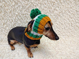 Multi-Color Striped Dog Snood: Hand-Knit Pom-Pom Beanie for Dachshunds