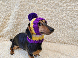 Multi-Color Striped Dog Snood: Hand-Knit Pom-Pom Beanie for Dachshunds