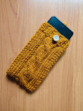 Cozy Cable Knit Phone Cover, Cream White Knitted Phone Pouch with Wooden Button, Protective Smartphone Sleeve, Winter Tech Gift