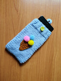 Knitted Phone Case with Strap, Blue Crochet Phone Pouch, Ice Cream Cone Smartphone Sleeve, Puffy Pom Pom Phone Bag, Aesthetic Tech Accessory