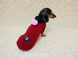 Dachshund Sweater with Pom Pom, Knitted Dog Clothes for Dachshunds, Custom Weenie Dog Coat, Dachshund Gift, Red Cable Knit Dog Sweater