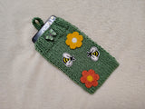 Handmade Knitted Phone Sleeve with Bee and Flower Patches, Green Cell Phone Sock, Cute Aesthetic Phone Pouch, Gift for Nature Lovers