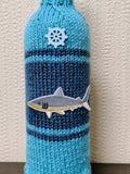 Shark Knitted Wine Bottle Cover - Nautical Ship Wheel Cozy, Ocean Beach House Decor, Unique Fisherman Gift