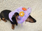 Crochet Dog Sun Hat with Flower Appliqué - Handmade Dachshund Bucket Hat - Floral Pet Summer Accessory - Cute Dog Bonnet with Ear Holes
