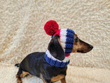 Multi-Color Striped Dog Snood: Hand-Knit Pom-Pom Beanie for Dachshunds