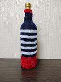 Nautical Knitted Wine Bottle Cover – Lighthouse & Anchor Striped Bottle Sweater, Handmade Coastal Kitchen Decor, Unique Beach House Gift