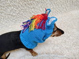 Handmade Knitted Unicorn Dog Snood with Rainbow Mane & Ears