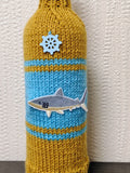 Shark Knitted Wine Bottle Cover - Nautical Ship Wheel Cozy, Ocean Beach House Decor, Unique Fisherman Gift