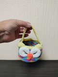 Crochet Miniature Owl Basket, Rainbow Easter Candy Bowl with Handle, Tiny Nursery Storage Bin, Cute Ring Dish, Kawaii Hanging Car Decor, Baby Shower Gift