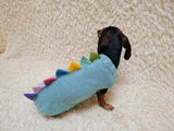Custom Blue Knit Dogs Dinosaur Sweater with Rainbow Spikes - Warm Handmade Pet Clothes Halloween outfit pet Dino Rex jumper dachshund