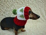 Christmas trees Dog Hat PomPom, Designer Pet Party Clothes outfit, Warm Winter knitted Dachshund cap with Pattern, gift for dogs lover