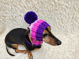 Multi-Color Striped Dog Snood: Hand-Knit Pom-Pom Beanie for Dachshunds