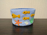 Nautical Rope Basket for Bathroom Storage, Ocean Theme Nursery Decor, Crocheted Blue Toy Basket with Fish, Coastal Gift for Sea Lovers