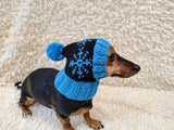 Snowflake Christmas dog hat with pom-pom, Handmade pet clothing Warm winter beanie for dachshund closed ears, fogs lover gift