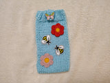 Handmade Knitted Phone Sleeve with Bee and Flower Patches, Green Cell Phone Sock, Cute Aesthetic Phone Pouch, Gift for Nature Lovers