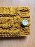 Cozy Cable Knit Phone Cover, Cream White Knitted Phone Pouch with Wooden Button, Protective Smartphone Sleeve, Winter Tech Gift