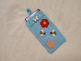 Handmade Knitted Phone Sleeve with Bee and Flower Patches, Green Cell Phone Sock, Cute Aesthetic Phone Pouch, Gift for Nature Lovers