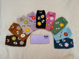 Handmade Knitted Phone Sleeve with Bee and Flower Patches, Green Cell Phone Sock, Cute Aesthetic Phone Pouch, Gift for Nature Lovers
