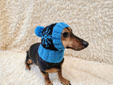 Snowflake Christmas dog hat with pom-pom, Handmade pet clothing Warm winter beanie for dachshund closed ears, fogs lover gift